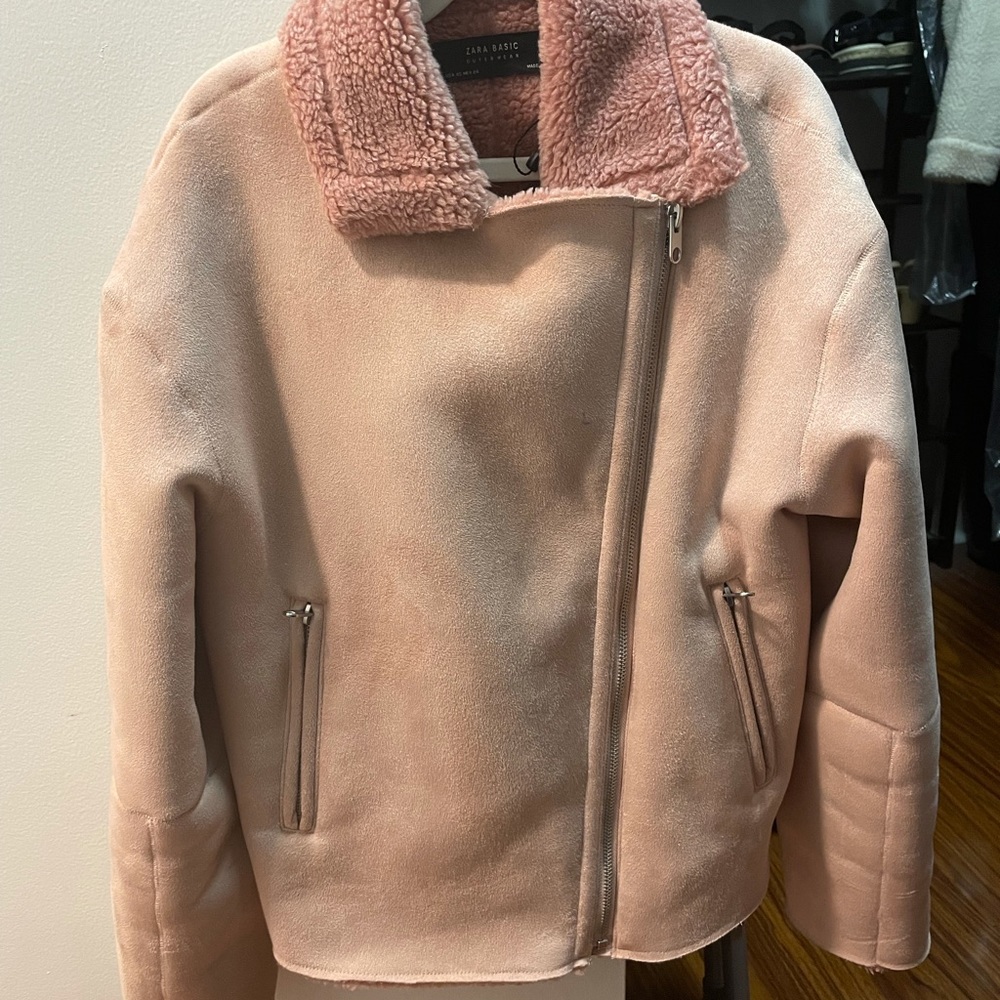 Zara blush pink shearling Moto jacket.